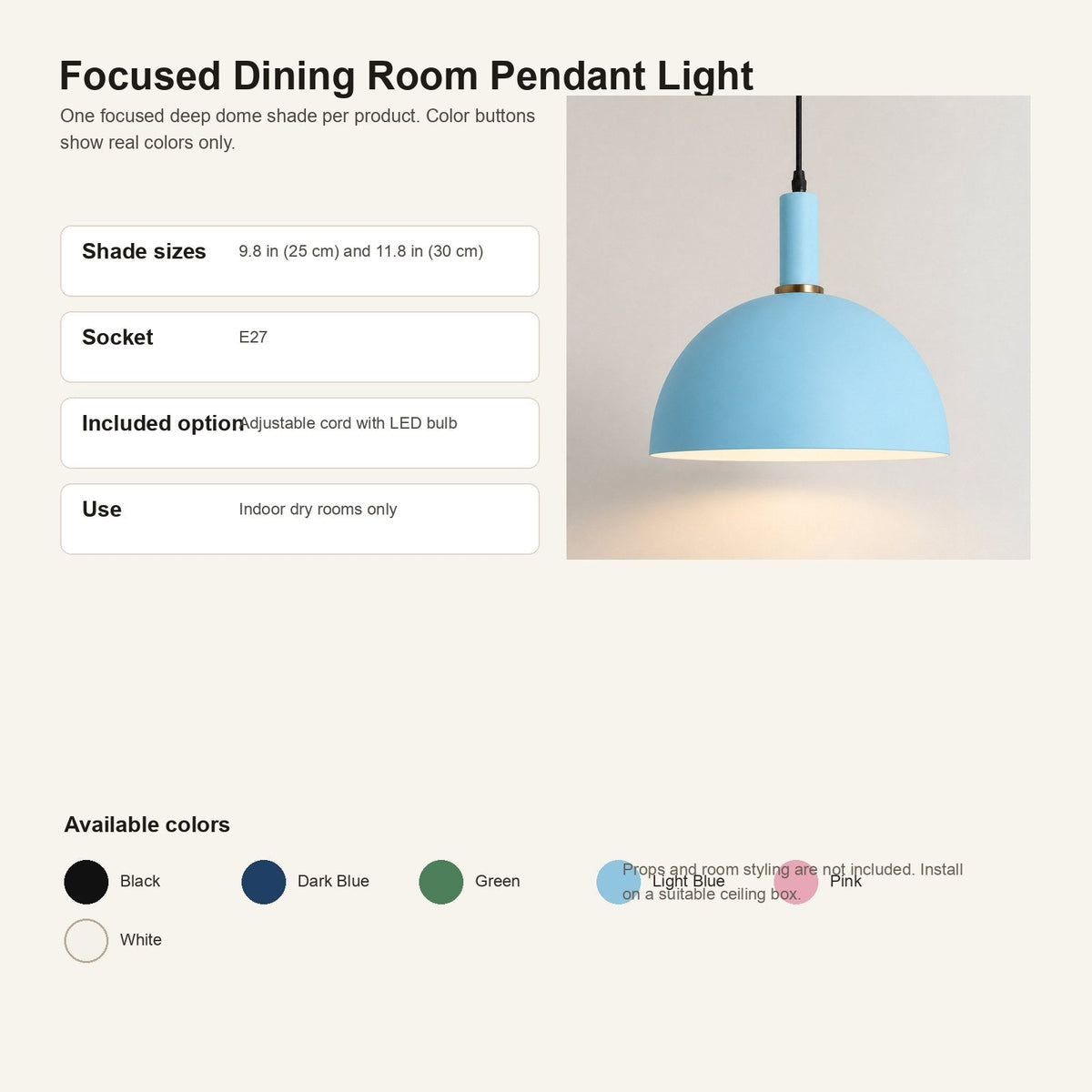 A product information graphic for a focused dining room pendant light. The image shows a light blue dome-shaped pendant shade with a black cord and a small gold accent ring, alongside text describing shade sizes, socket type, included options, and use for indoor dry rooms.