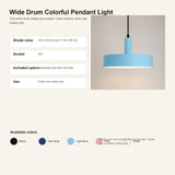 Product information graphic for a wide drum colorful pendant light, showing a light blue shade illuminated against a neutral wall, with text listing shade sizes, socket type, adjustable cord option, and indoor dry room use. Available colors are shown at the bottom.