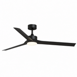 A modern three-blade ceiling fan in a matte black finish with a central integrated light, shown against a plain white background.