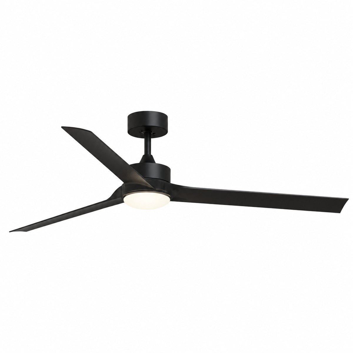 A modern three-blade ceiling fan in a matte black finish with a central integrated light, shown against a plain white background.