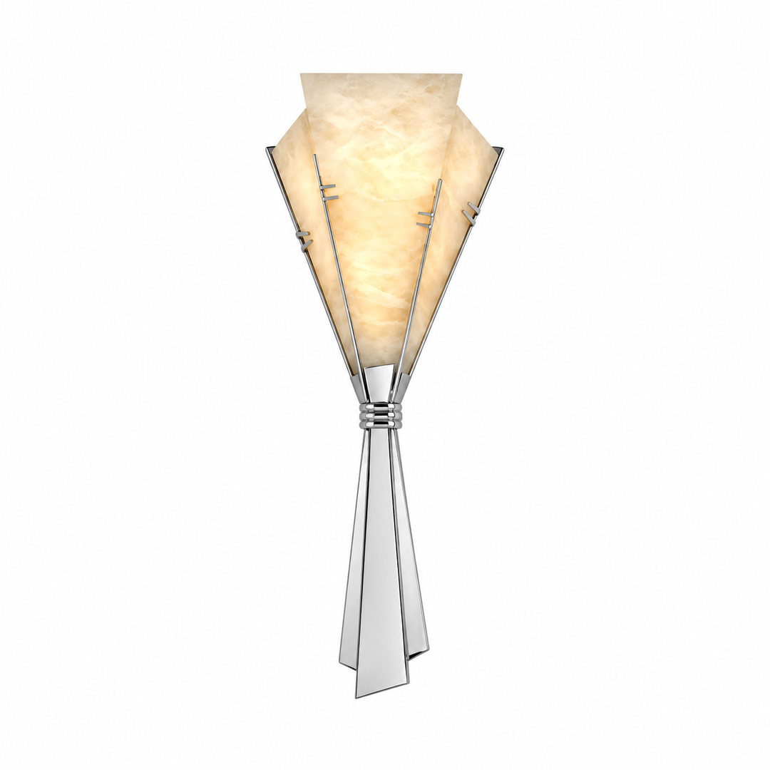 A modern wall sconce with a polished silver-tone geometric metal frame and a warm cream-colored translucent stone or glass shade, shown against a plain white background.