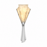 A modern wall sconce with a polished silver-tone geometric metal frame and a warm cream-colored translucent stone or glass shade, shown against a plain white background.