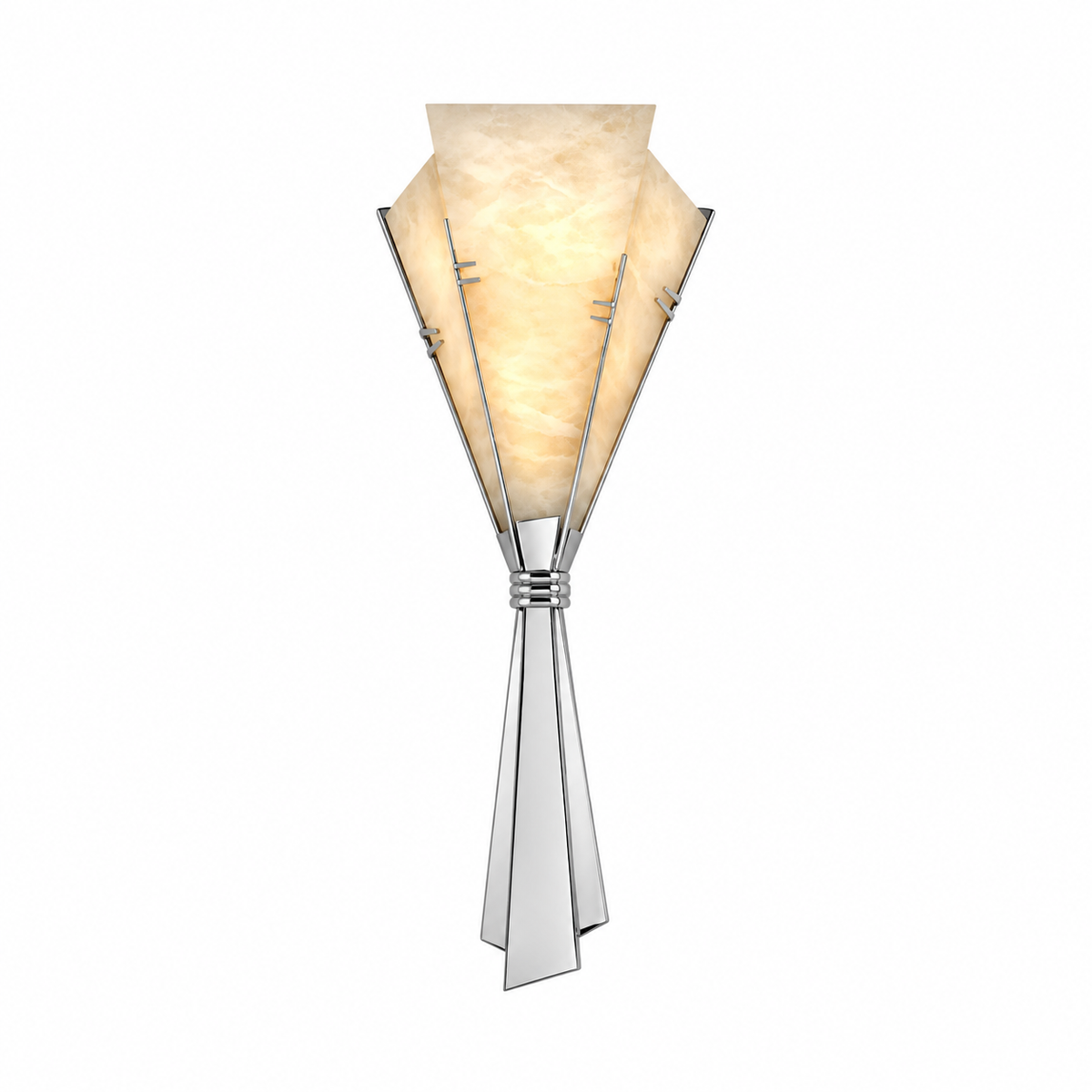 A modern wall sconce with a polished silver-tone geometric metal frame and a warm cream-colored translucent stone or glass shade, shown against a plain white background.