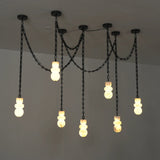 A modern industrial-style chandelier with multiple black chain drops and stacked frosted glass bulbs, shown illuminated against a plain ceiling.