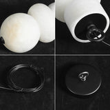Collage of alabaster chandelier details showing stacked stone shades, a black canopy with hook, and a coiled cord.