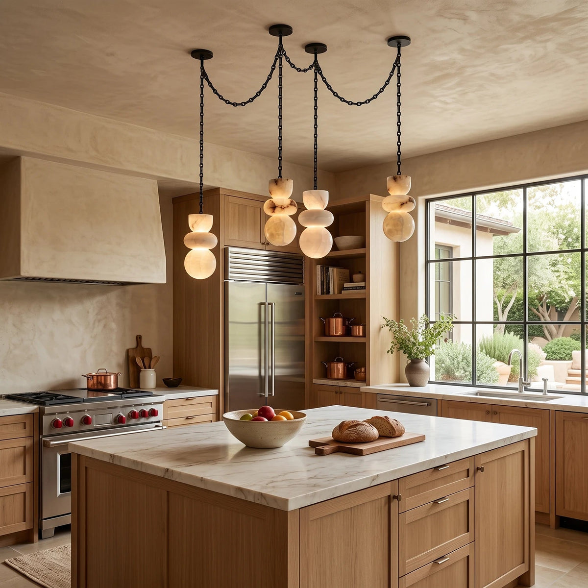 An alabaster chandelier with four glowing cream shades and draped black chains hangs above a marble kitchen island with wooden cabinetry.