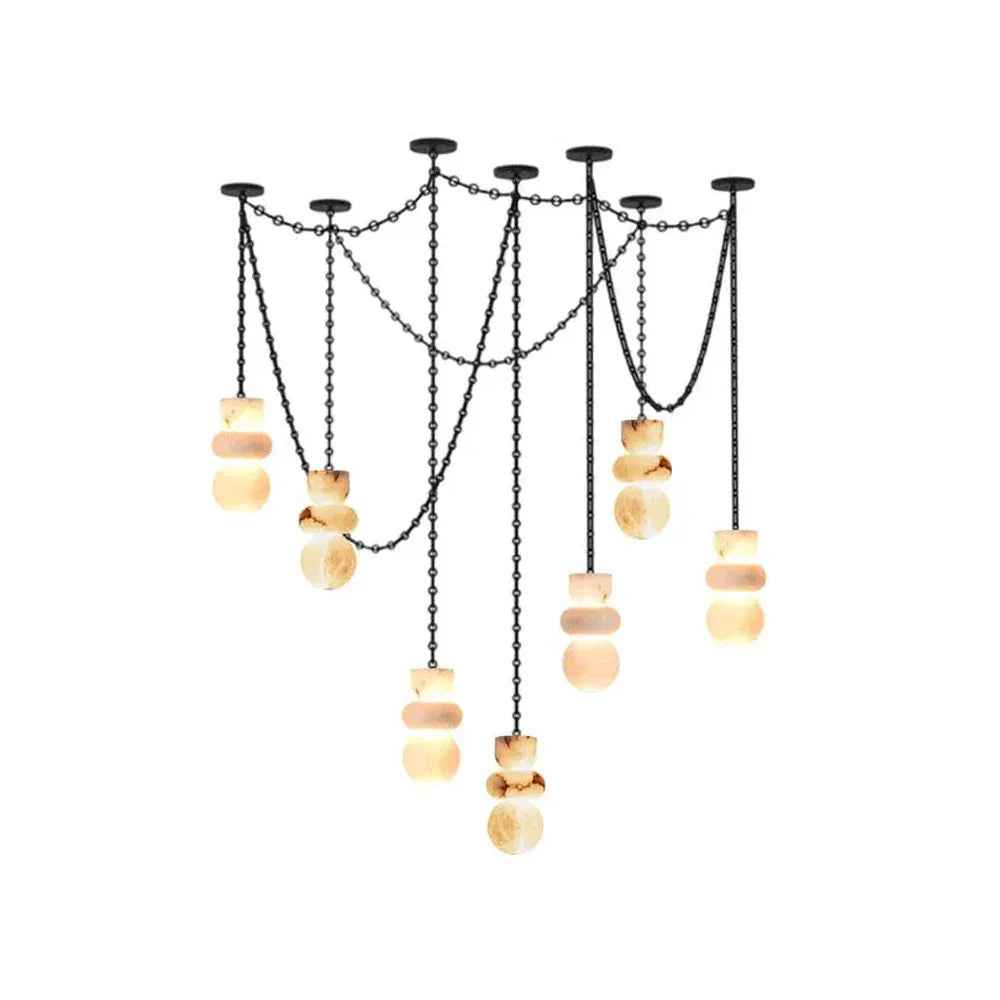 Decorative chandelier with chains and wooden beads on a white background