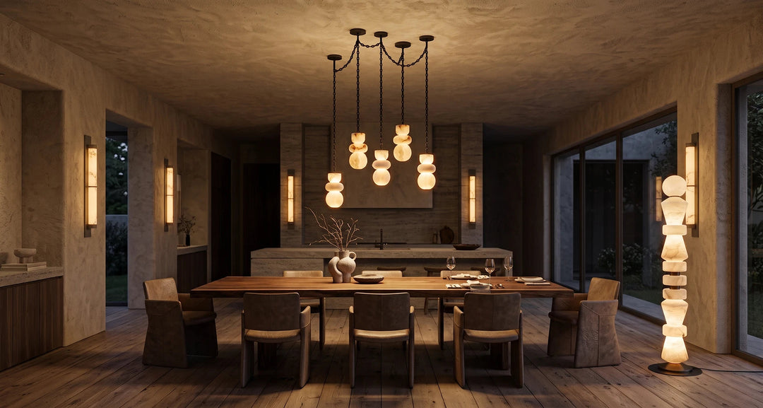 A modern dining room interior with a long wooden dining table, six upholstered chairs, a multi-light pendant chandelier, wall sconces, and a tall stacked floor lamp, all shown in a warm, atmospheric room setting.