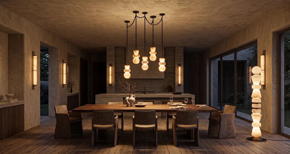 A modern dining room interior with a long wooden dining table, six upholstered chairs, a multi-light pendant chandelier, wall sconces, and a tall stacked floor lamp, all shown in a warm, atmospheric room setting.