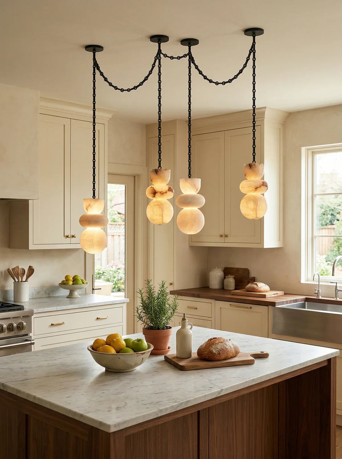 A four-light alabaster chandelier with black chains and glowing cream shades hangs over a marble island in a cream kitchen.