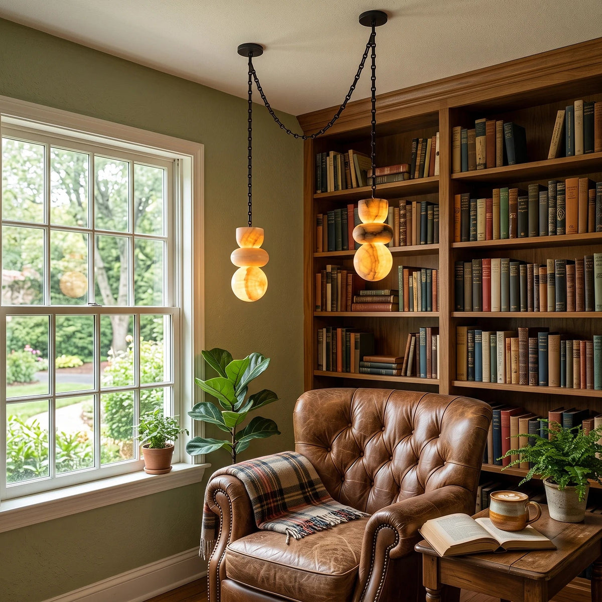 An alabaster chandelier with two glowing shades on black chains hangs above a brown leather armchair beside bookshelves and a window.