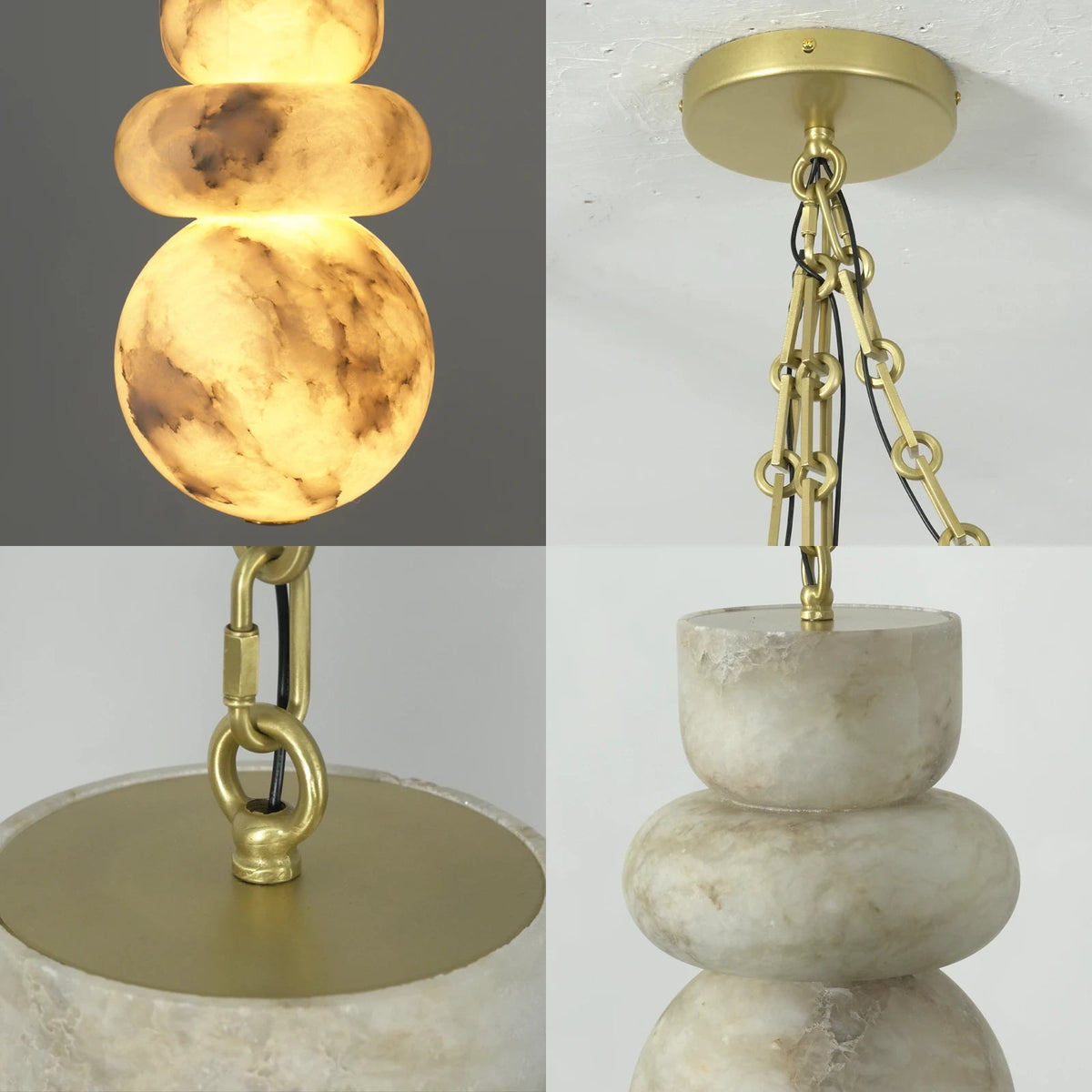 A four-panel close-up of a hanging chandelier or pendant light with stacked oval stone shades in warm cream and beige marbled tones, paired with brushed gold/brass hardware and chain suspension.