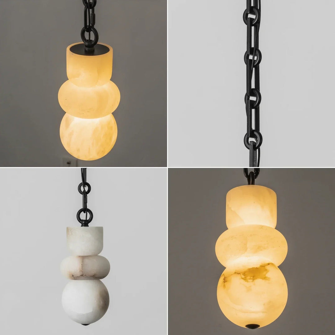 Collage of the alabaster chandelier lit and unlit, showing its warm glow, white stone shades, and black chain.