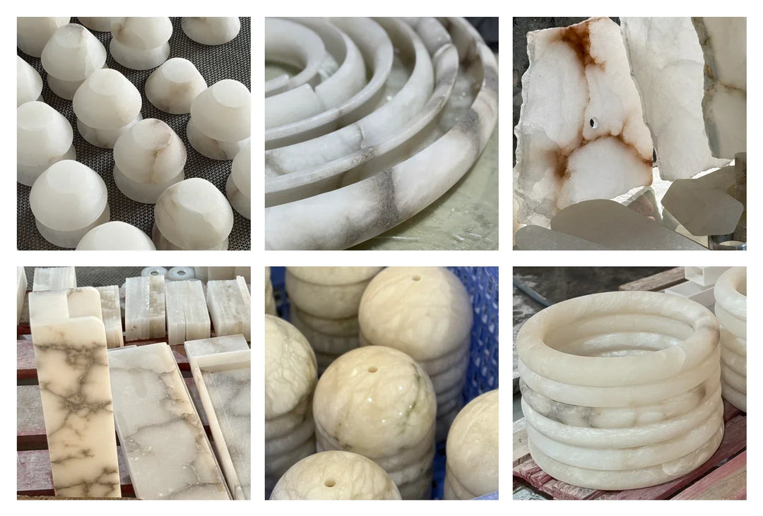 Pendant light material collage showing white alabaster domes, rings, rectangular pieces, and rough stone with natural veining.