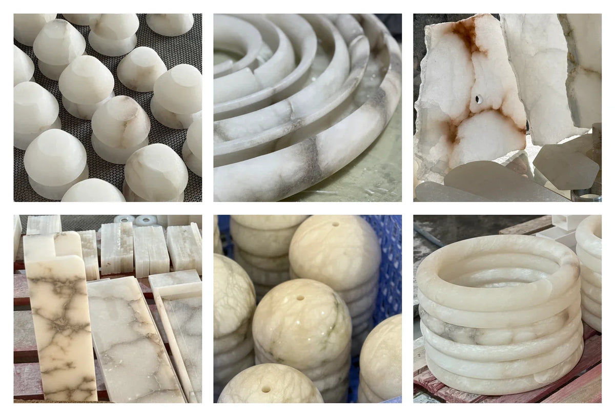 Chandelier material collage showing white alabaster rings, rectangular panels, rounded forms, and rough stone with gray and brown veining.