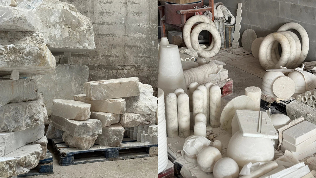 Chandelier material preparation shown in two workshop views, with rough alabaster blocks beside carved white stone rings, panels, and rounded forms.