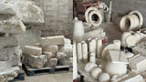 Chandelier material preparation shown in two workshop views, with rough alabaster blocks beside carved white stone rings, panels, and rounded forms.