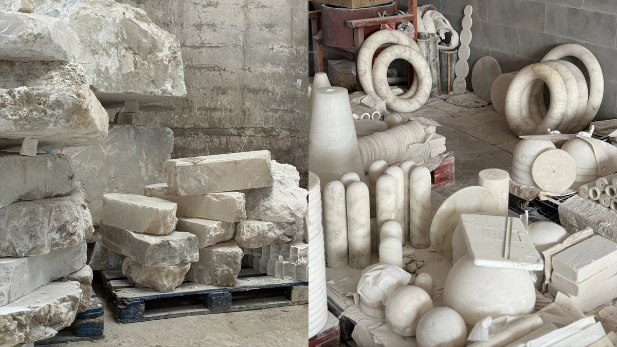 Chandelier material preparation shown in two workshop views, with rough alabaster blocks beside carved white stone rings, panels, and rounded forms.