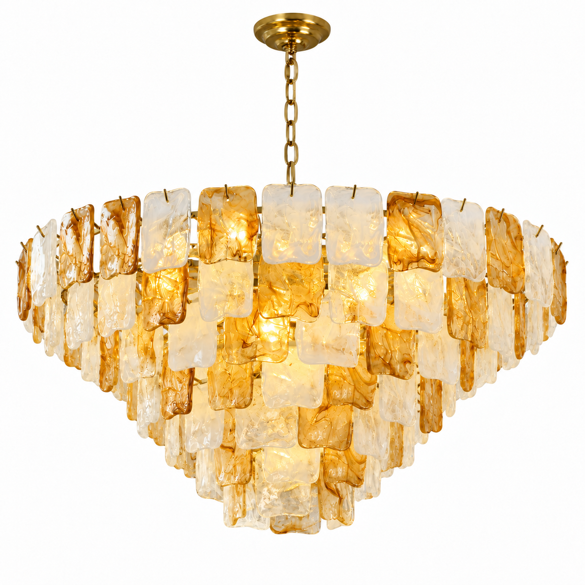 Illuminated tiered chandelier with amber and white textured glass panels and a gold chain against a white background.