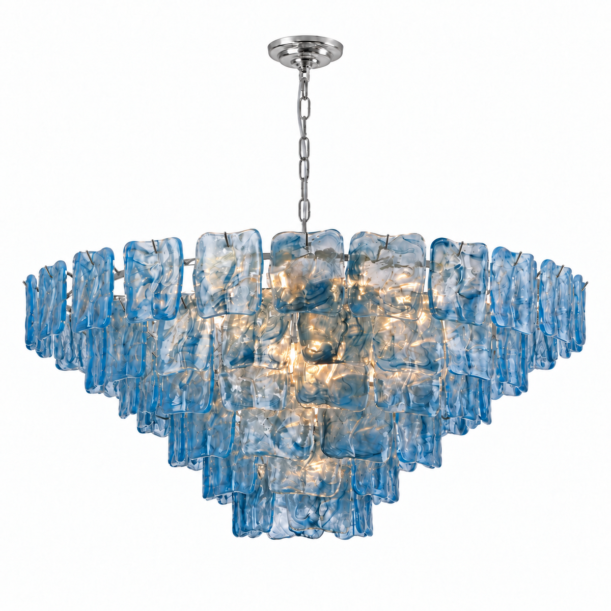 Illuminated chandelier with tiered blue textured glass panels and a silver chain and ceiling canopy against a white background.