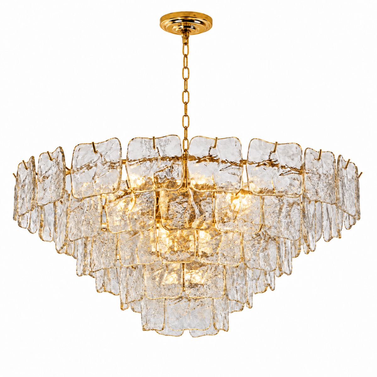 Illuminated chandelier with tiered clear textured glass panels and a gold chain against a white background.