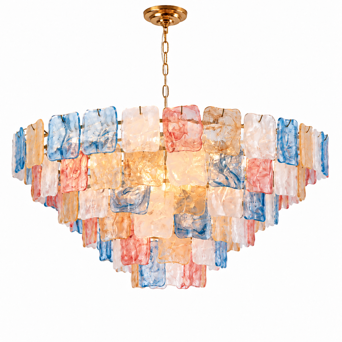 Tiered chandelier with blue, pink, amber and white textured glass panels and a gold chain against a white background.