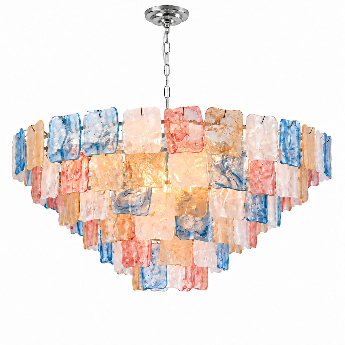 Tiered chandelier with blue, pink, amber and white textured glass panels and a silver chain against a white background.