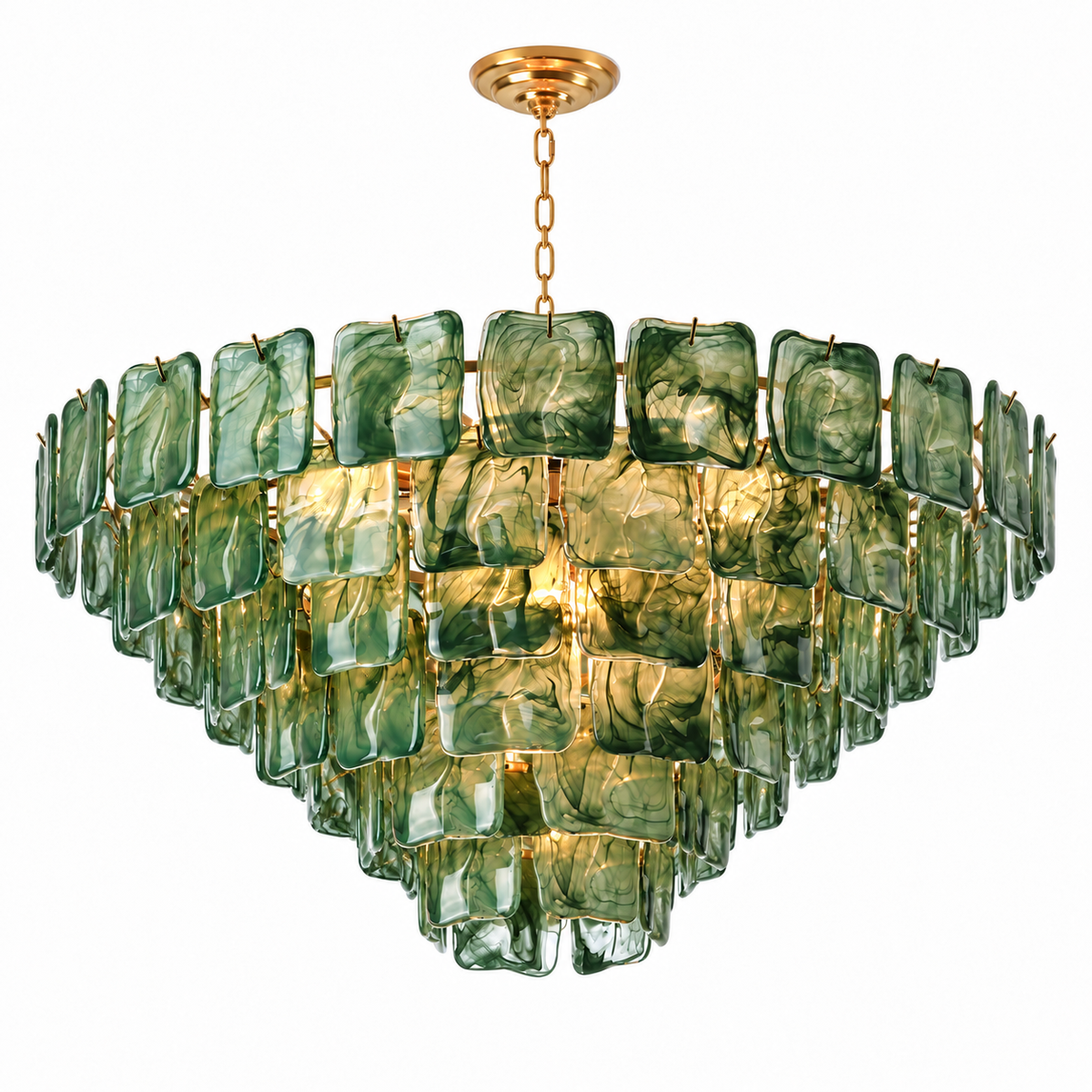 Illuminated chandelier with tiered dark green textured glass panels and a gold chain against a white background.