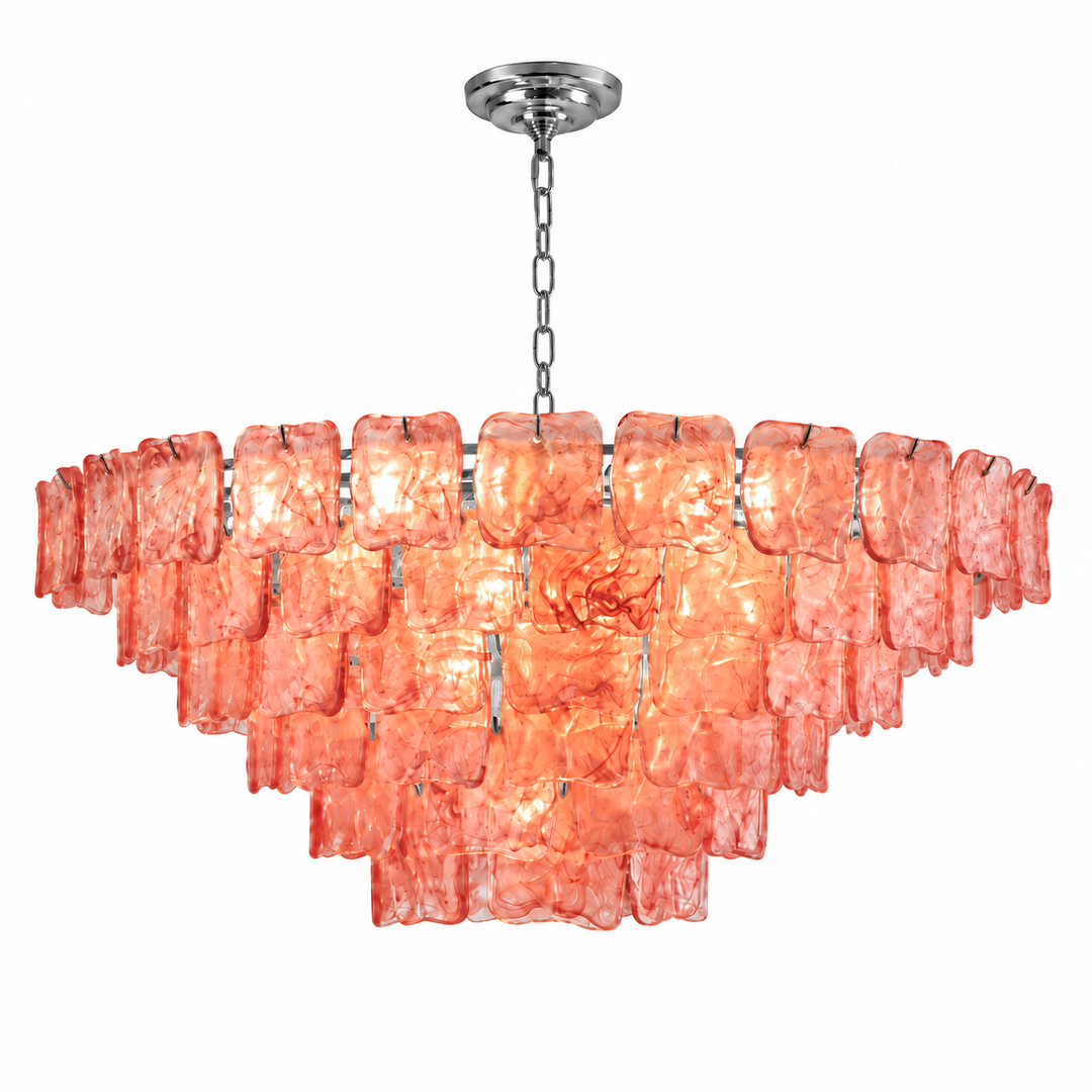 Illuminated chandelier with tiered pink textured glass panels and a silver chain and ceiling canopy against a white background.