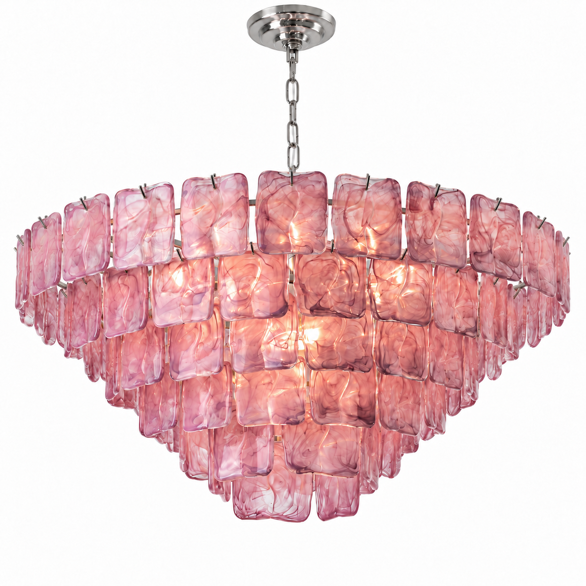 A modern multi-tier chandelier featuring textured, wavy pink glass panels suspended in a circular arrangement with a polished silver metal canopy and chain.