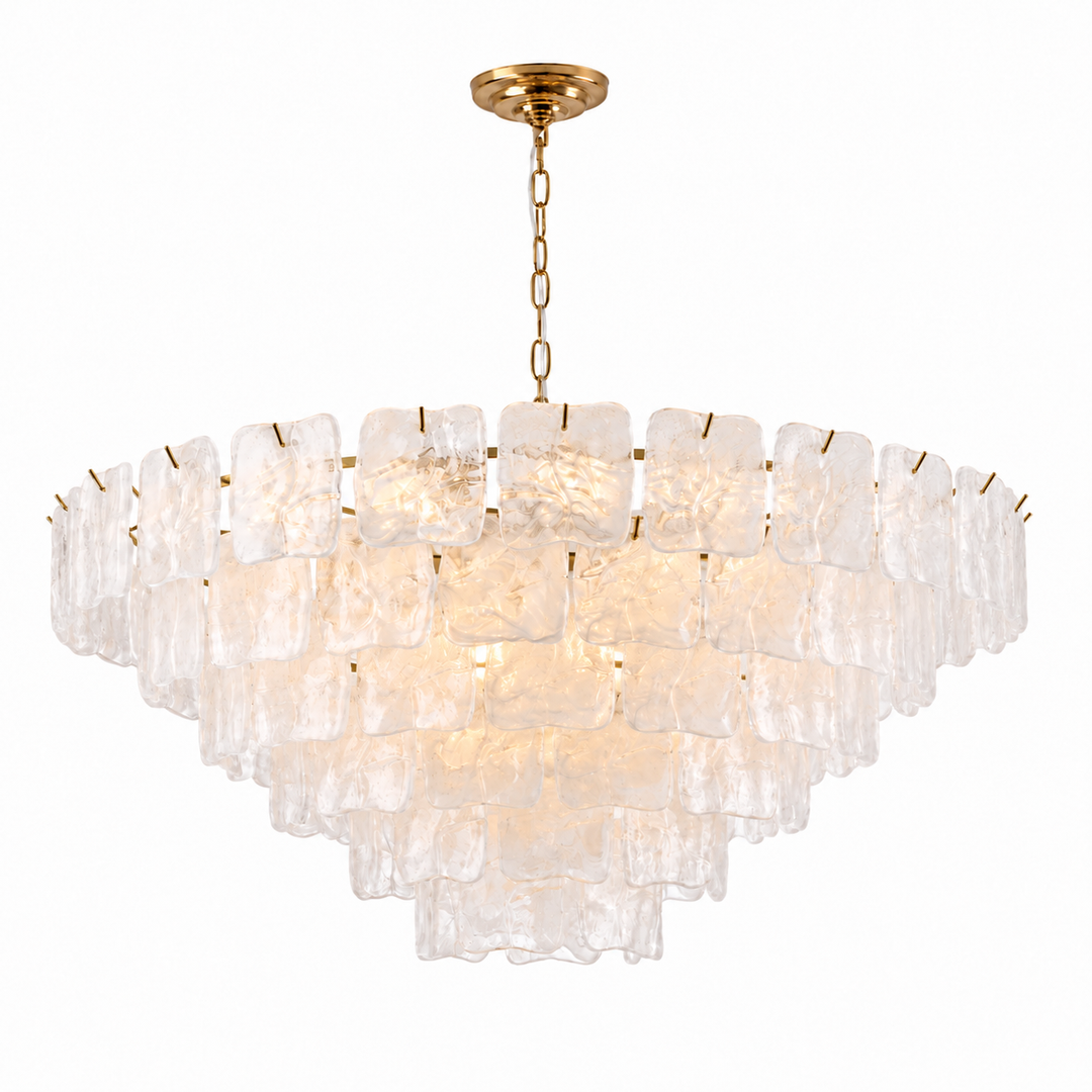 Illuminated chandelier with cascading white textured glass panels and a gold chain and ceiling canopy against a white background.