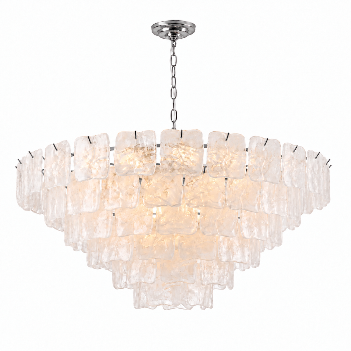 A modern multi-tier chandelier with textured, translucent clear glass square shades and a polished silver-tone metal canopy and chain, shown against a plain white background.