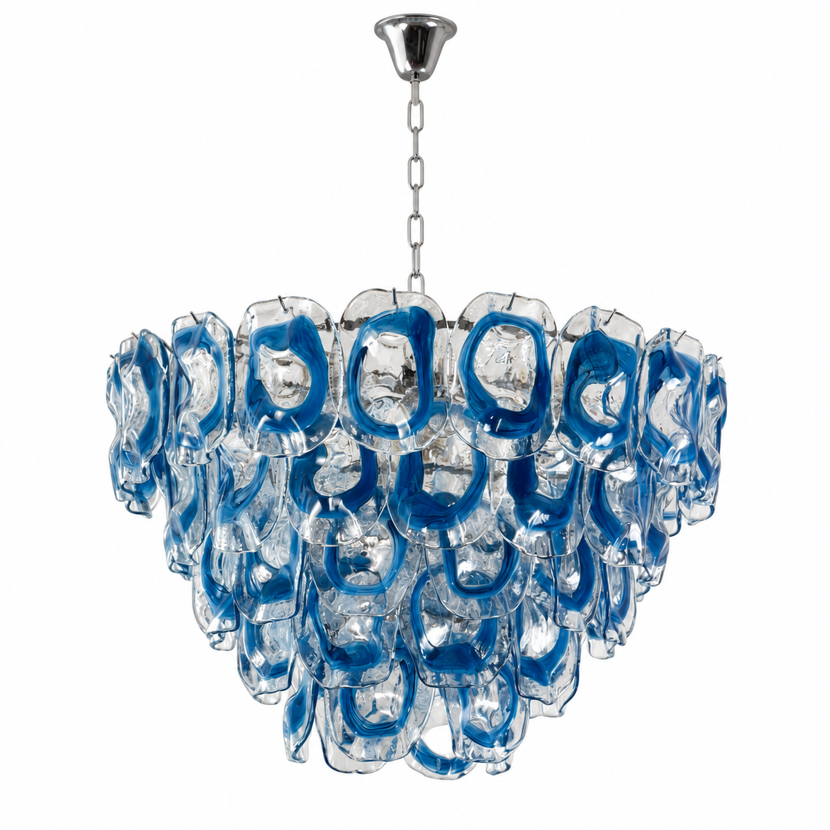 A modern multi-tier chandelier featuring textured, translucent blue and clear glass rings suspended from a polished silver-toned metal chain and canopy, shown against a plain white background.