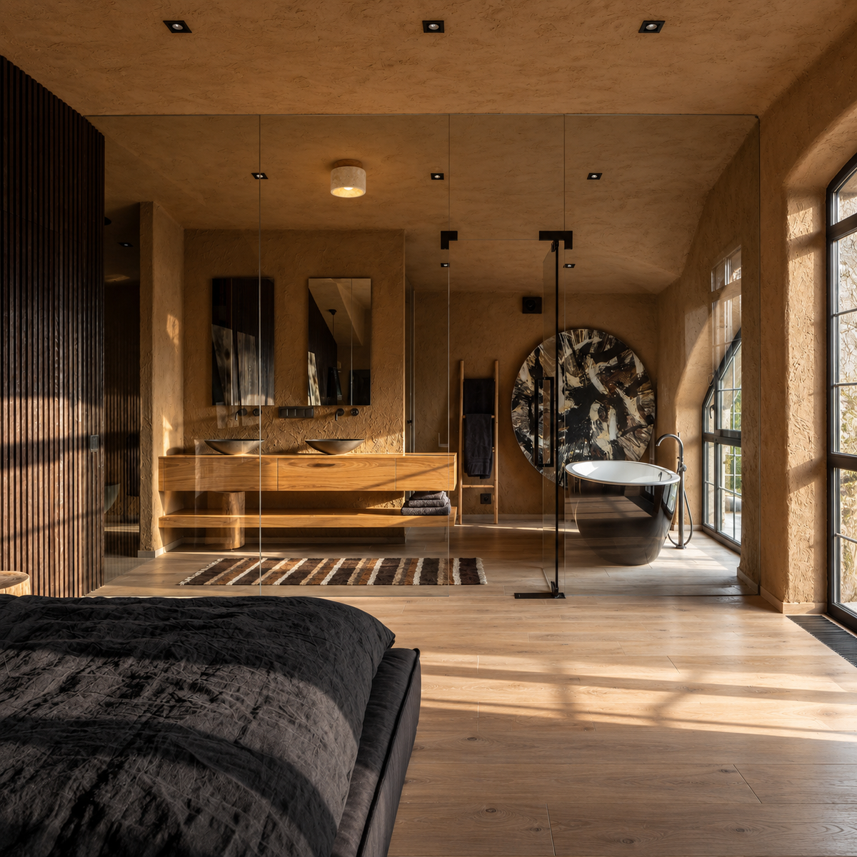 Beige travertine and wood flush mount light in a bathroom with a double vanity, glass partition, and black freestanding bathtub.