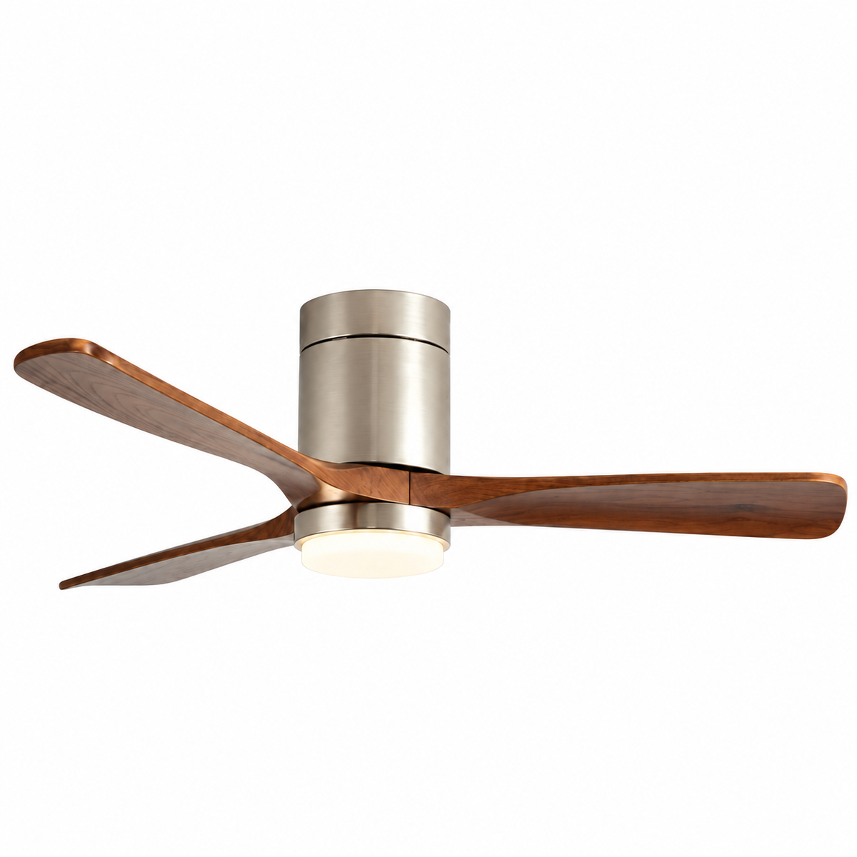 A modern three-blade ceiling fan with a brushed nickel metal motor housing and warm brown wood blades, featuring an integrated round light fixture below, shown against a plain white background.