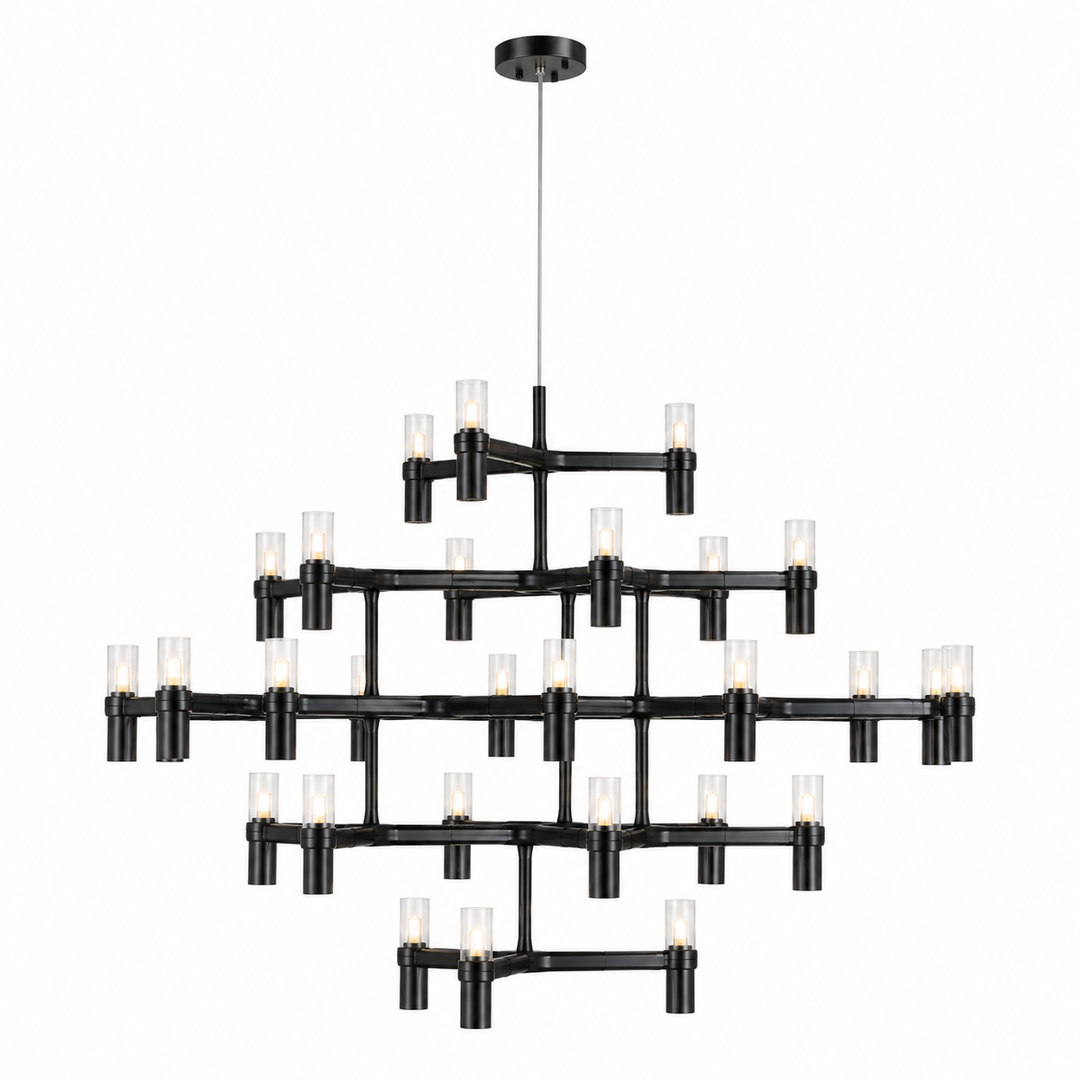 A modern multi-tier chandelier with a matte black metal frame and clear cylindrical glass shades, shown against a plain white background.