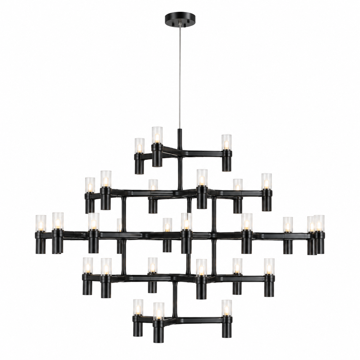 A modern multi-tier chandelier with a matte black metal frame and clear cylindrical glass shades, shown against a plain white background.