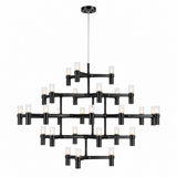 A modern multi-tier chandelier with a matte black metal frame and clear cylindrical glass shades, shown against a plain white background.