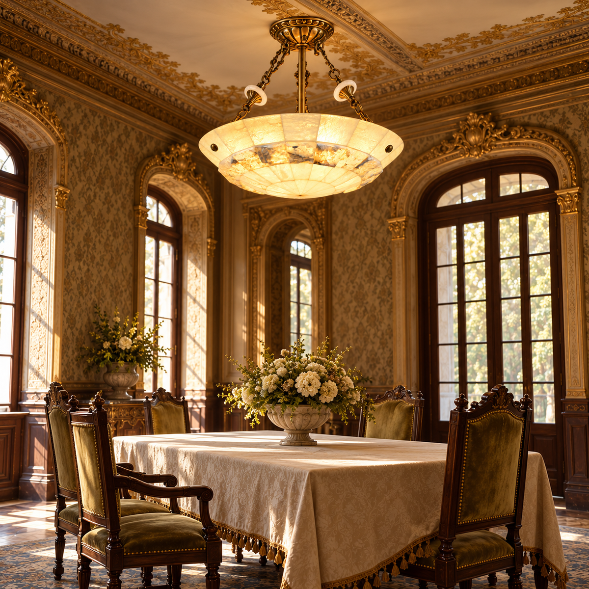 Alabaster and brass semi-flush ceiling light glowing above a dining table with flowers, surrounded by tall windows and upholstered chairs.