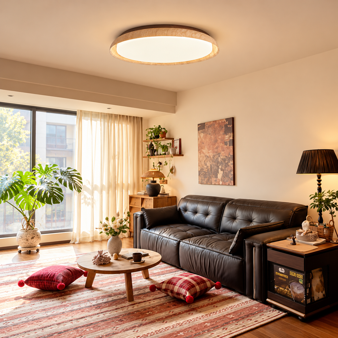 A modern circular flush-mount ceiling light with a natural wood rim and glowing white diffuser, installed in a warm, contemporary living room with a black leather sofa, patterned rug, and plants.