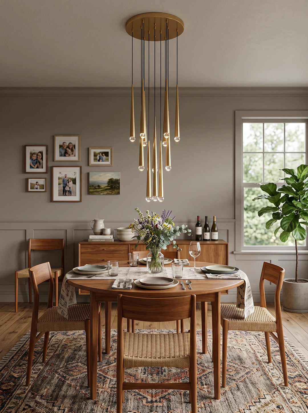 A modern dining room featuring a round wooden dining table surrounded by six woven-back chairs, under a multi-light chandelier. The room has gray walls, a patterned rug, and a wooden sideboard in the background.