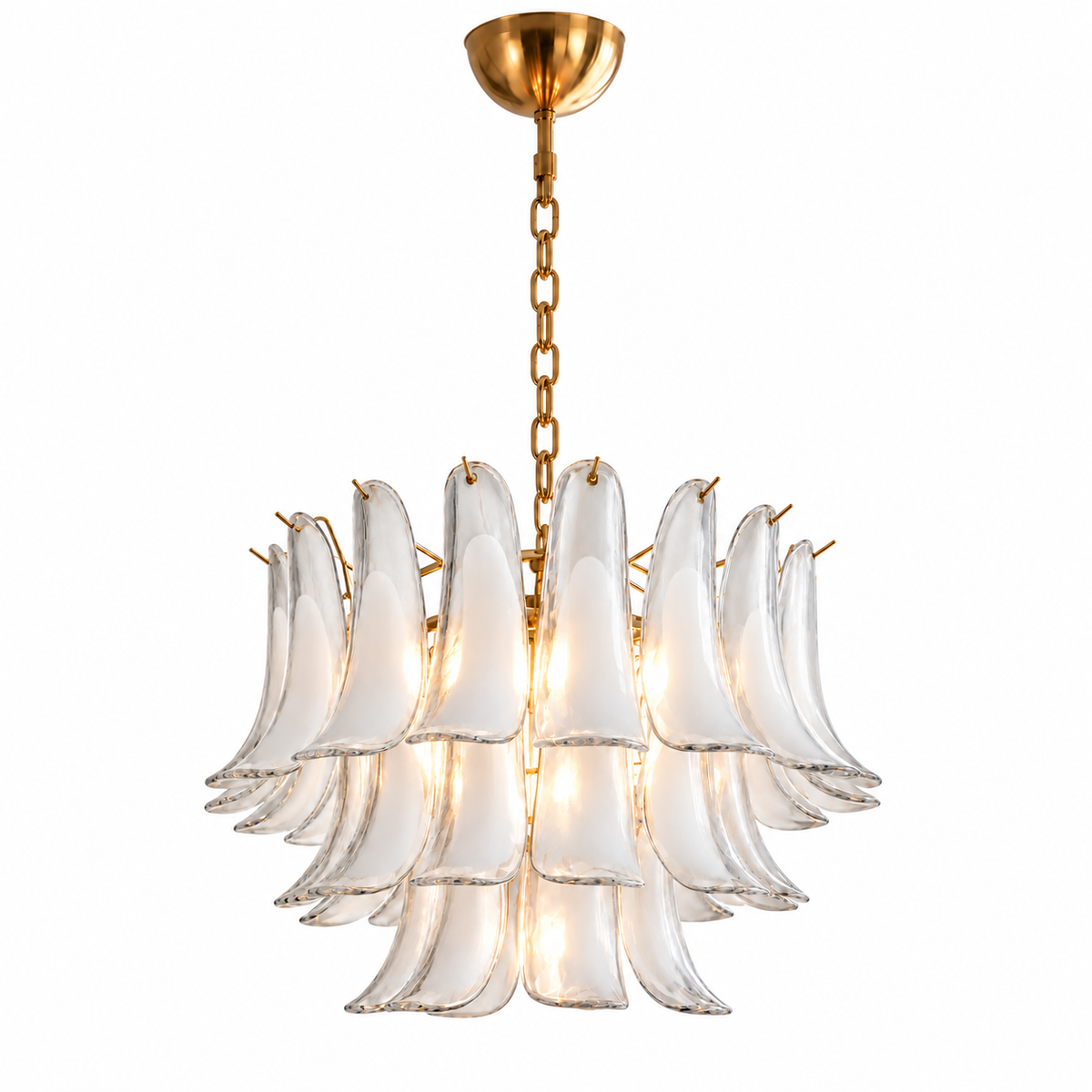 A modern chandelier with multiple curved, bell-shaped clear glass shades arranged in a tiered cluster, suspended by a gold-toned chain from a matching gold ceiling canopy, shown against a plain white background.
