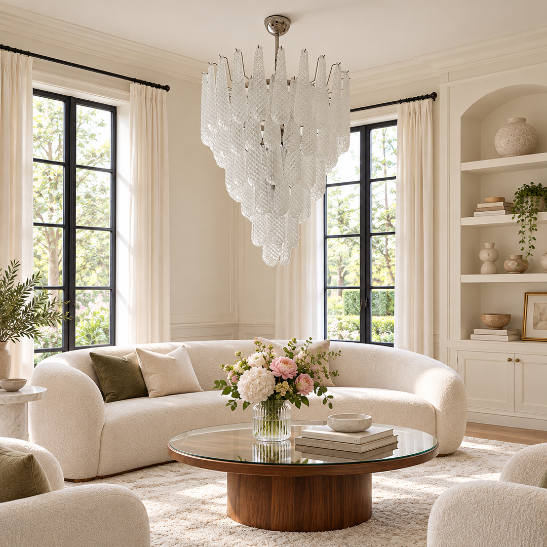 A luxurious modern living room featuring a large, tiered white crystal chandelier hanging over a curved cream sofa. The room has black-framed windows with sheer cream curtains, built-in white shelving, and a round wooden coffee table with a glass top in the center.