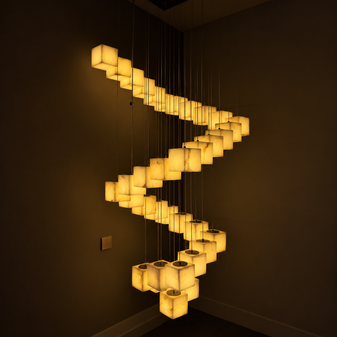 A spiral staircase-shaped modern chandelier with glowing warm yellow illuminated square glass shades suspended in a dark room.