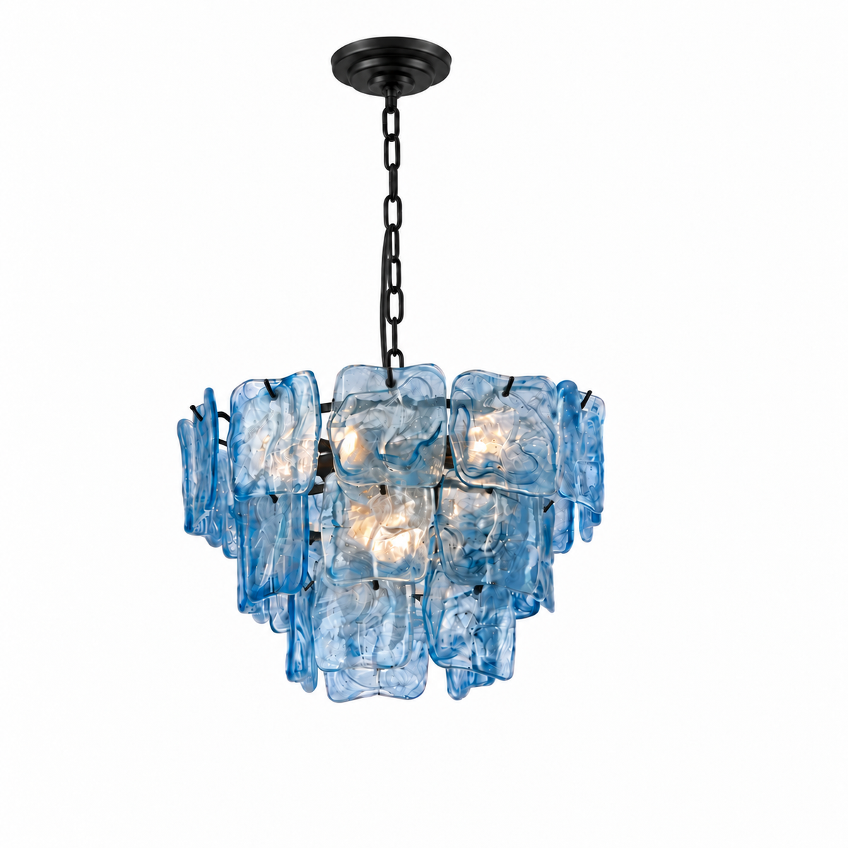 A modern multi-light chandelier featuring textured, irregularly shaped blue glass shades suspended from a black metal chain and canopy against a solid white background.