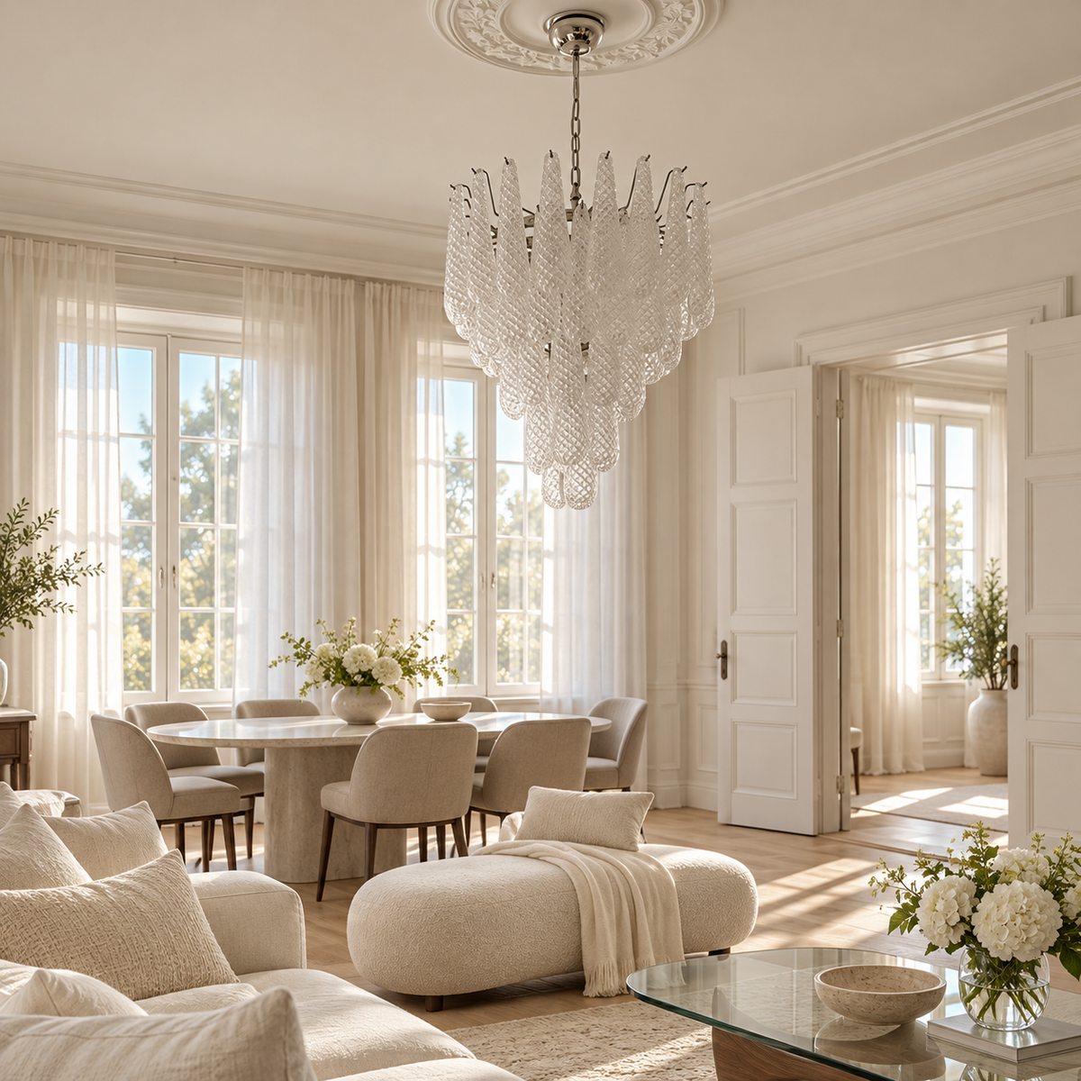 A bright, elegant dining room with a large crystal chandelier hanging over a round dining table, cream upholstered chairs, sheer curtains, and a matching cream sofa in the foreground.