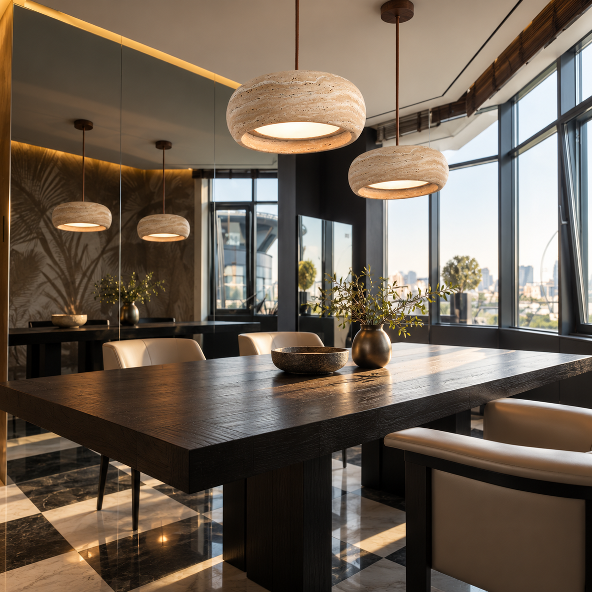 A modern dining room with a dark wood rectangular table, cream upholstered chairs, three round woven pendant lights, large windows, and a mirrored wall showing the room's depth.