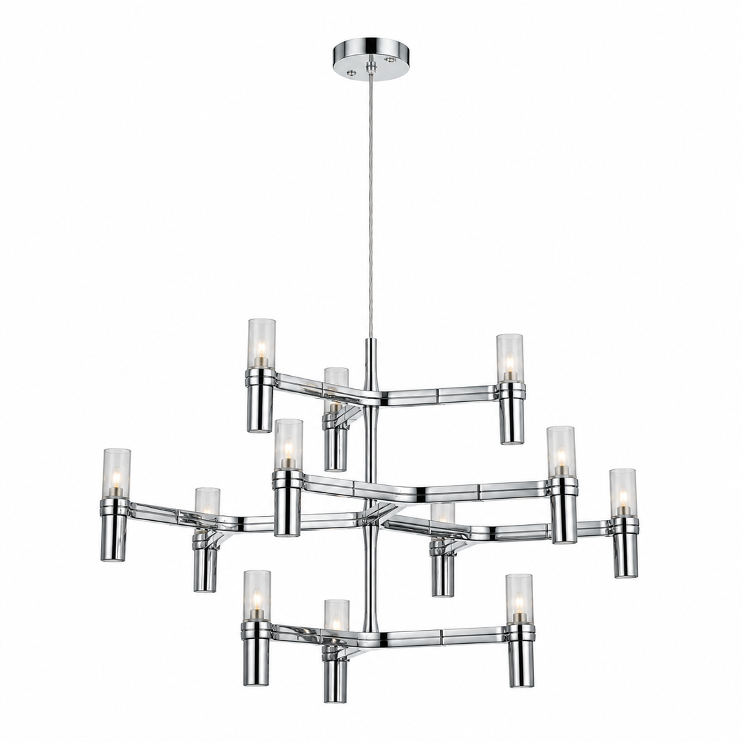 A modern multi-light chandelier with a polished chrome finish and clear cylindrical glass shades, suspended from a circular ceiling canopy against a plain white background.