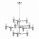 A modern multi-light chandelier with a polished chrome finish and clear cylindrical glass shades, suspended from a circular ceiling canopy against a plain white background.