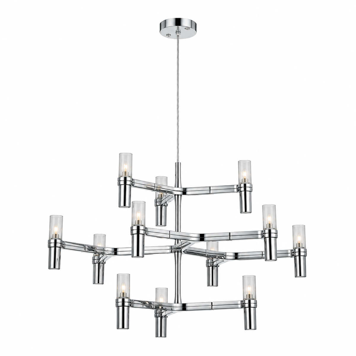A modern multi-light chandelier with a polished chrome finish and clear cylindrical glass shades, suspended from a circular ceiling canopy against a plain white background.